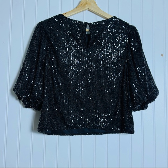 Alexia Admor Black Sequin Blake Sequin Boxy Crop Top Sz S Keyhole back button - Picture 4 of 6